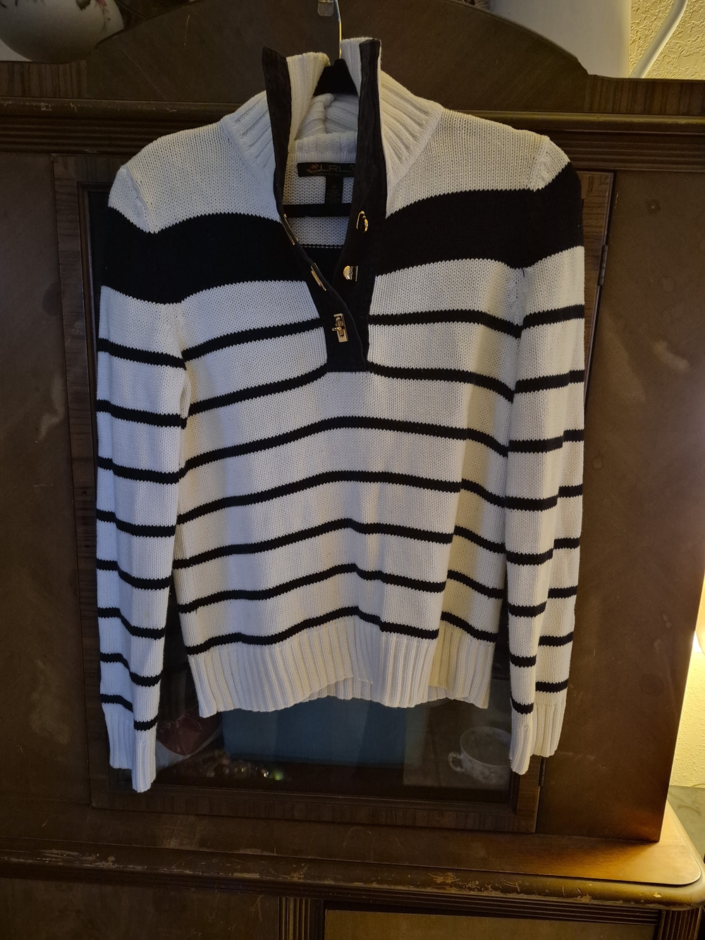 Lauren Ralph Lauren Coastal Striped Sweater Turn-Lock Detail Polo Collar M